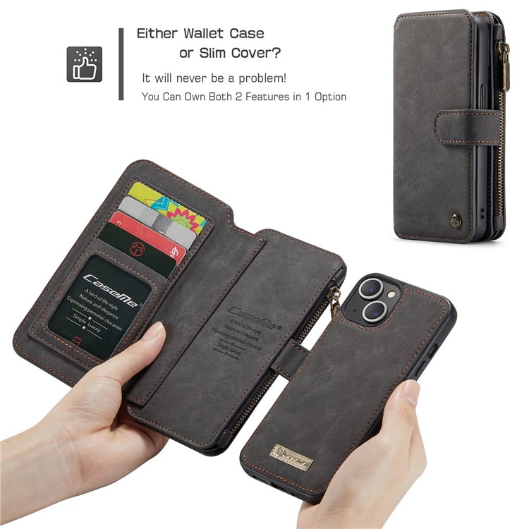 CASEME 007 Series for iPhone 13 mini 5.4 inch Split Leather 2-in-1 Detachable Flip Phone Case Stand Magnetic Closure Protective Zipper Purse Cover - Black-5