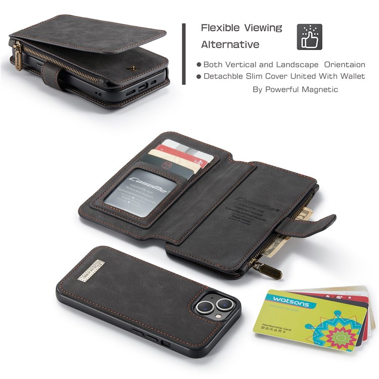 CASEME 007 Series for iPhone 13 mini 5.4 inch Split Leather 2-in-1 Detachable Flip Phone Case Stand Magnetic Closure Protective Zipper Purse Cover - Black-6