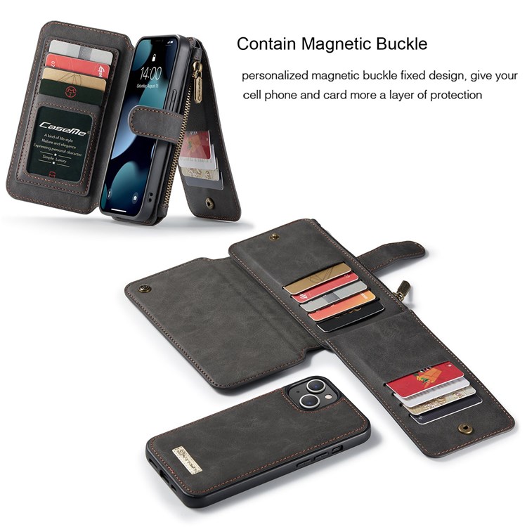 CASEME 007 Series for iPhone 13 mini 5.4 inch Split Leather 2-in-1 Detachable Flip Phone Case Stand Magnetic Closure Protective Zipper Purse Cover - Black-7