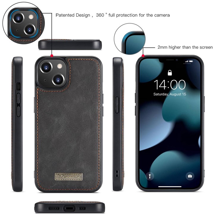 CASEME 007 Series for iPhone 13 mini 5.4 inch Split Leather 2-in-1 Detachable Flip Phone Case Stand Magnetic Closure Protective Zipper Purse Cover - Black-8