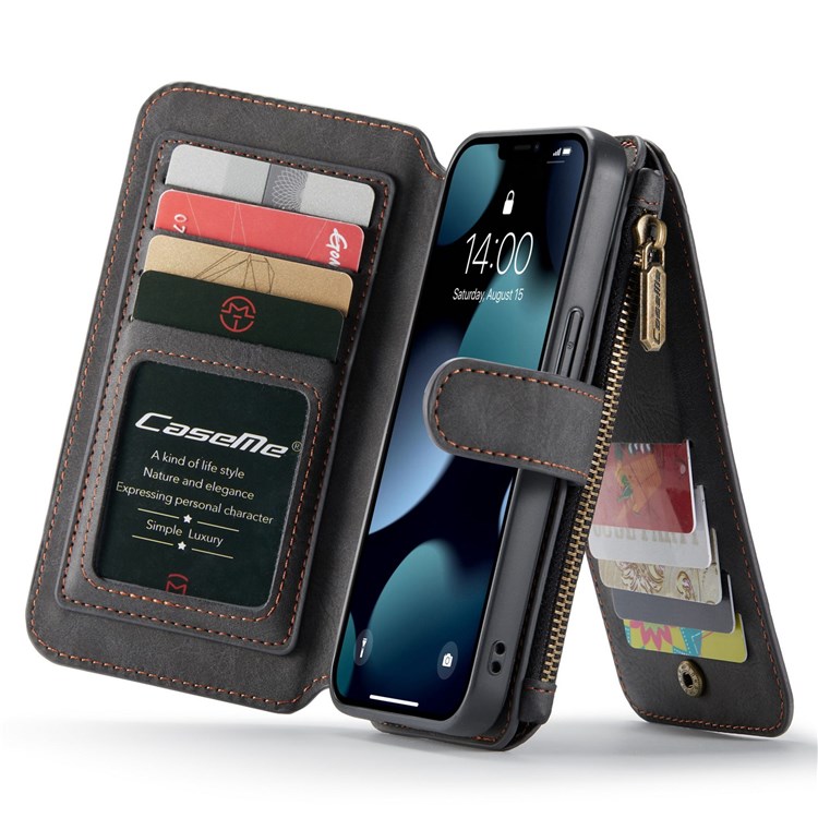 CASEME 007 Series for iPhone 13 6.1 inch Magnetic Detachable Split Leather Flip Folio Cover 2-in-1 Zipper Pocket Stand Wallet Case - Black-2
