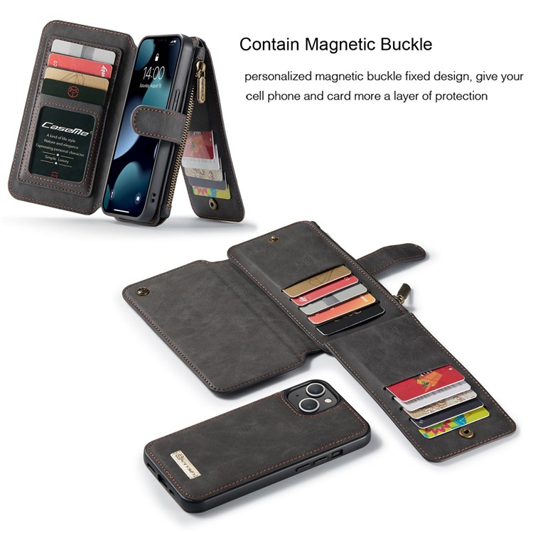 CASEME 007 Series for iPhone 13 6.1 inch Magnetic Detachable Split Leather Flip Folio Cover 2-in-1 Zipper Pocket Stand Wallet Case - Black-8