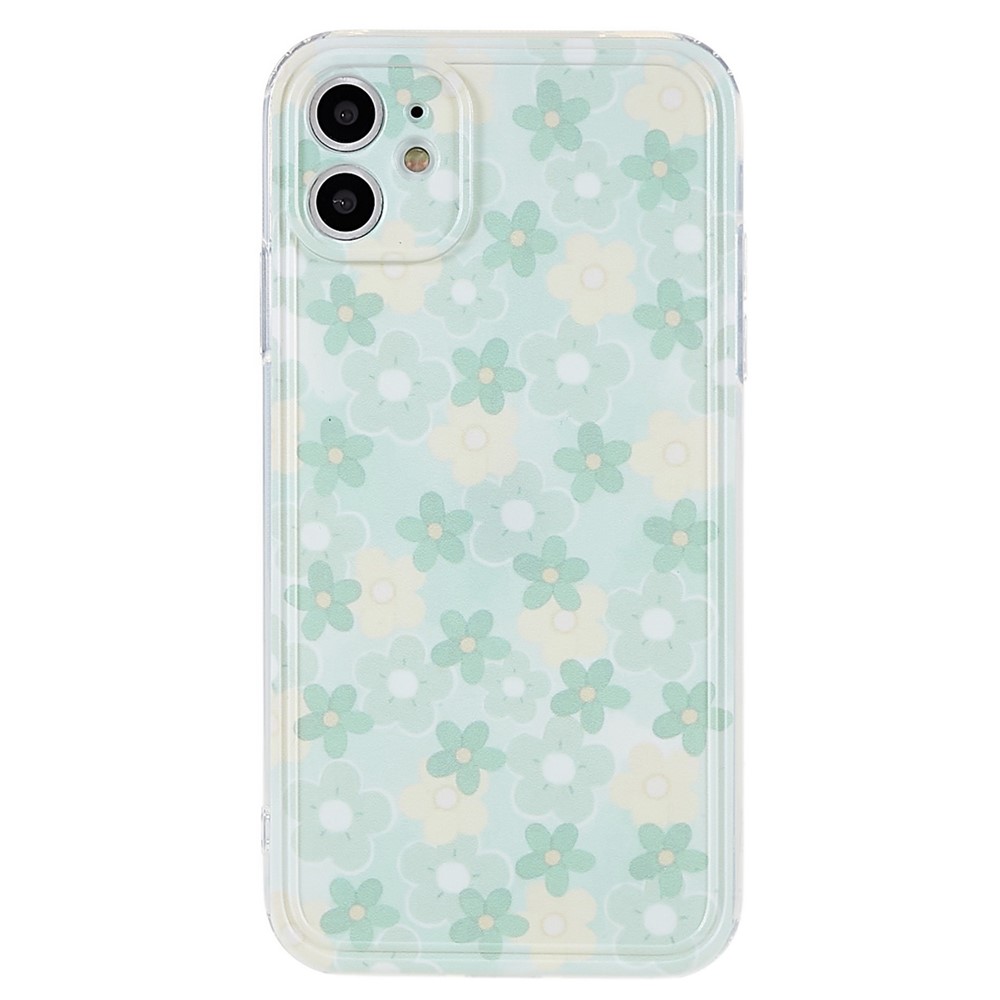 For iPhone 11 6.1 inch Anti-drop Pattern Printing TPU Back Case Straight Edge Precise Cutouts Cover Shell - Green/Blue Flower