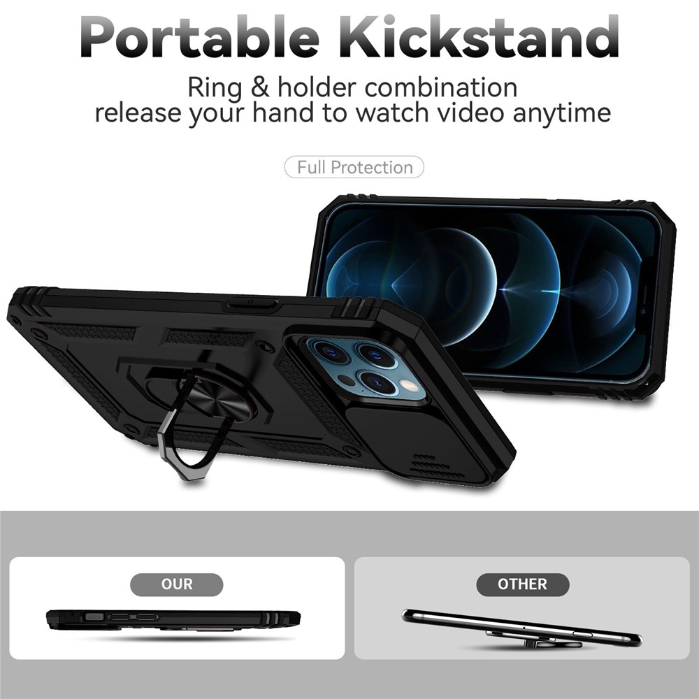 For iPhone 12 Pro Max 6.7 inch Stylish Phone Case Ring Kickstand Hybrid PC + TPU Shell with Slide Camera Protection Cover - Black-2