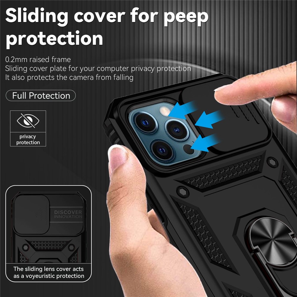 For iPhone 12 Pro Max 6.7 inch Stylish Phone Case Ring Kickstand Hybrid PC + TPU Shell with Slide Camera Protection Cover - Black-5