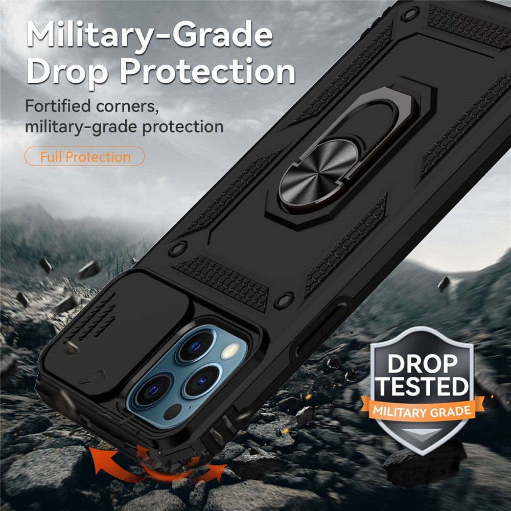 For iPhone 12 Pro Max 6.7 inch Stylish Phone Case Ring Kickstand Hybrid PC + TPU Shell with Slide Camera Protection Cover - Black-6
