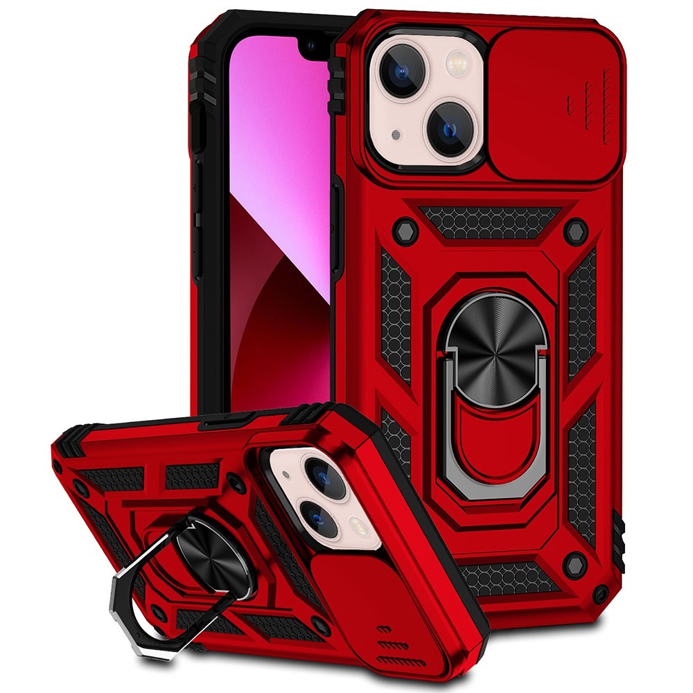 For iPhone 13 mini 5.4 inch Mobile Phone Cover Slide Camera Protection Ring Kickstand Hybrid PC + TPU Phone Case - Red