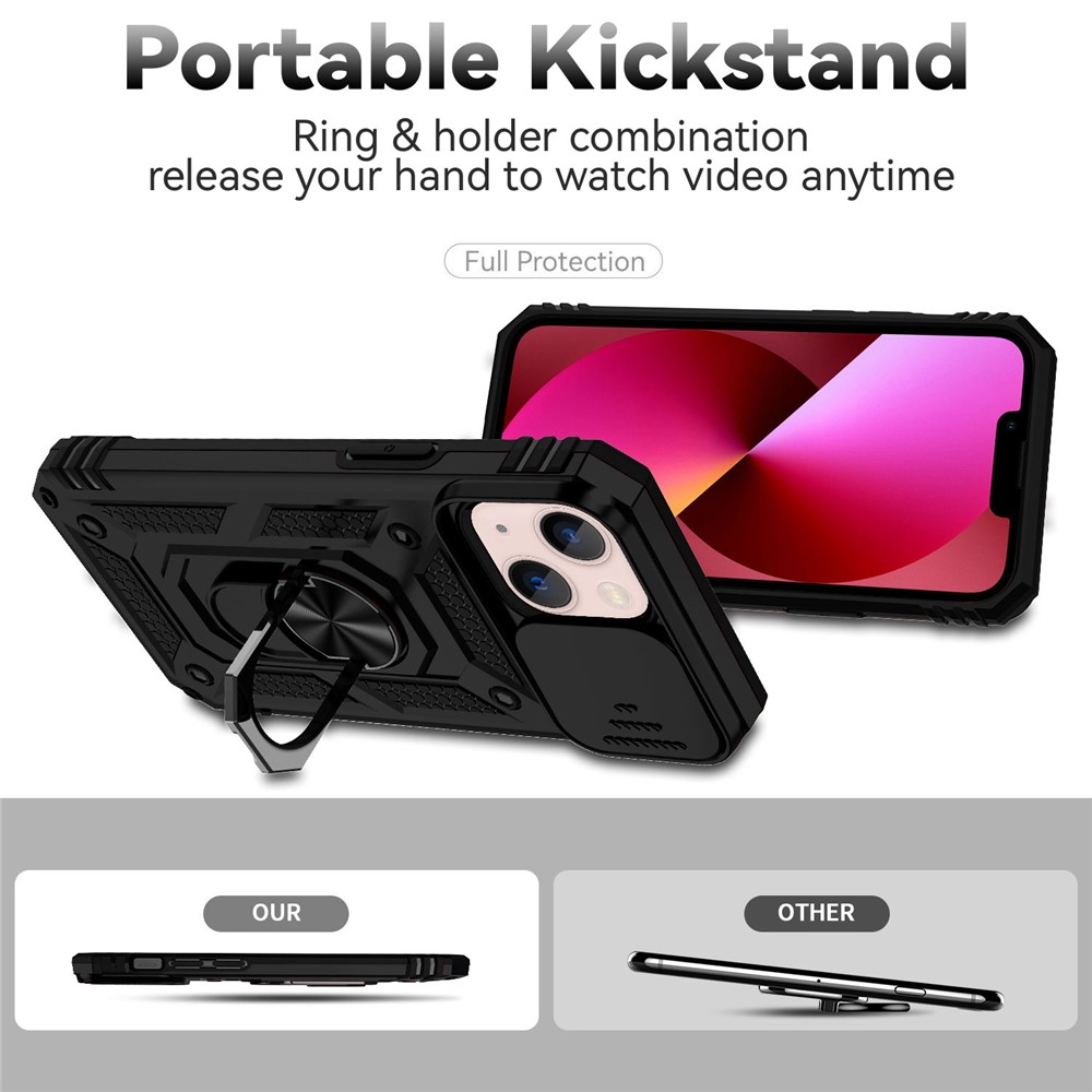 For iPhone 13 6.1 inch Anti-scratch Cell Phone Case Ring Kickstand Hybrid PC + TPU Shell with Slide Camera Protection Cover - Black-2