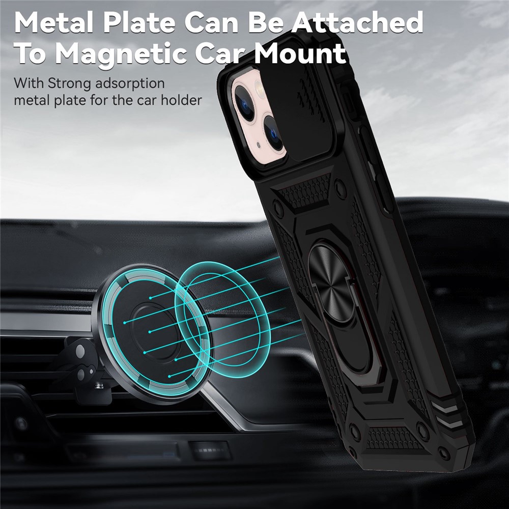 For iPhone 13 6.1 inch Anti-scratch Cell Phone Case Ring Kickstand Hybrid PC + TPU Shell with Slide Camera Protection Cover - Black-3