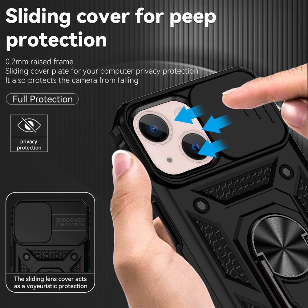 For iPhone 13 6.1 inch Anti-scratch Cell Phone Case Ring Kickstand Hybrid PC + TPU Shell with Slide Camera Protection Cover - Black-5