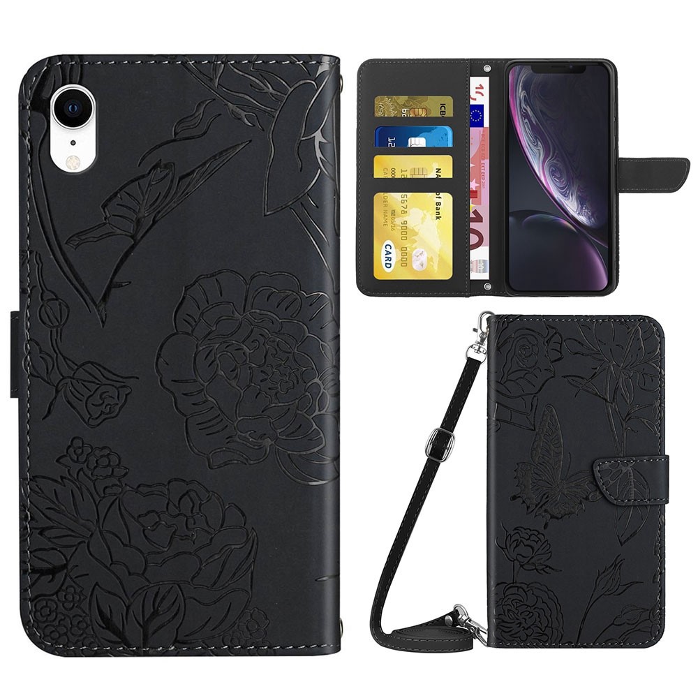 For iPhone XR 6.1 inch Stand Phone Case PU Leather Imprinting Butterflies Flower Pattern Wallet Shell with Shoulder Strap - Black