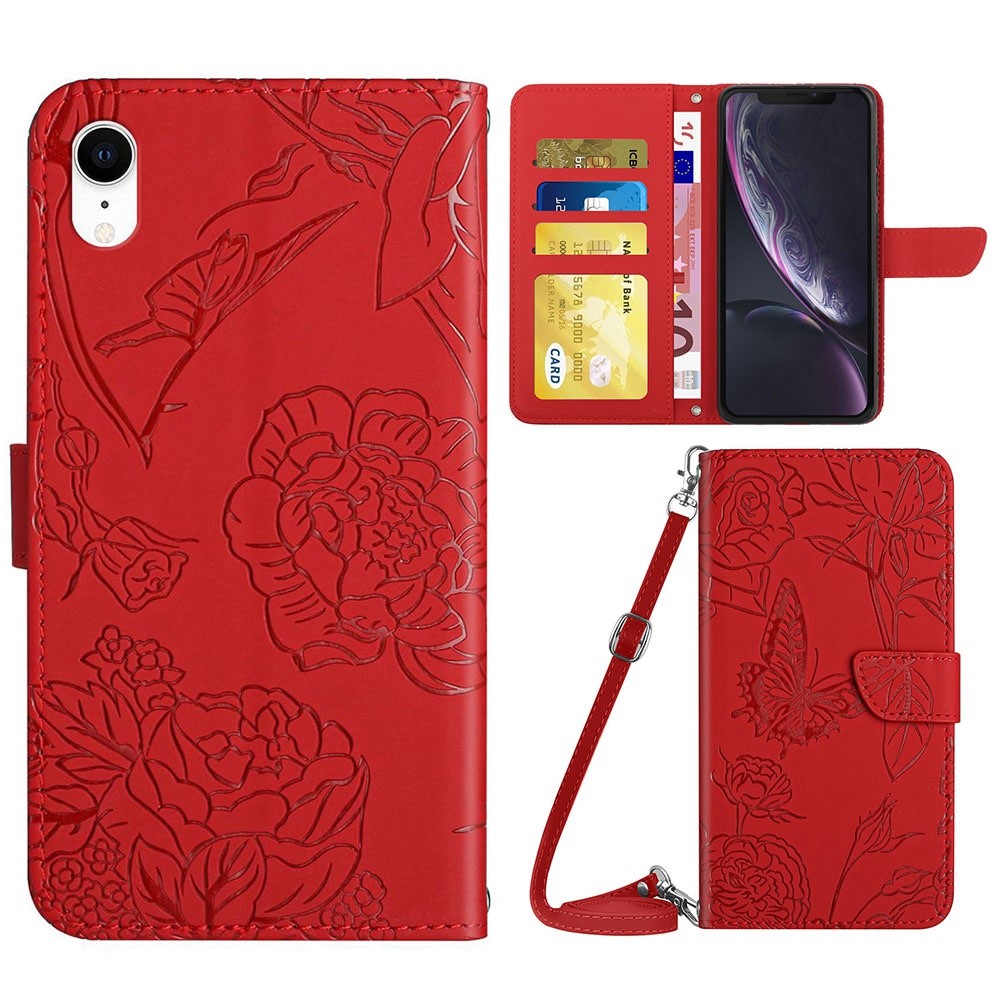 For iPhone XR 6.1 inch Stand Phone Case PU Leather Imprinting Butterflies Flower Pattern Wallet Shell with Shoulder Strap - Red