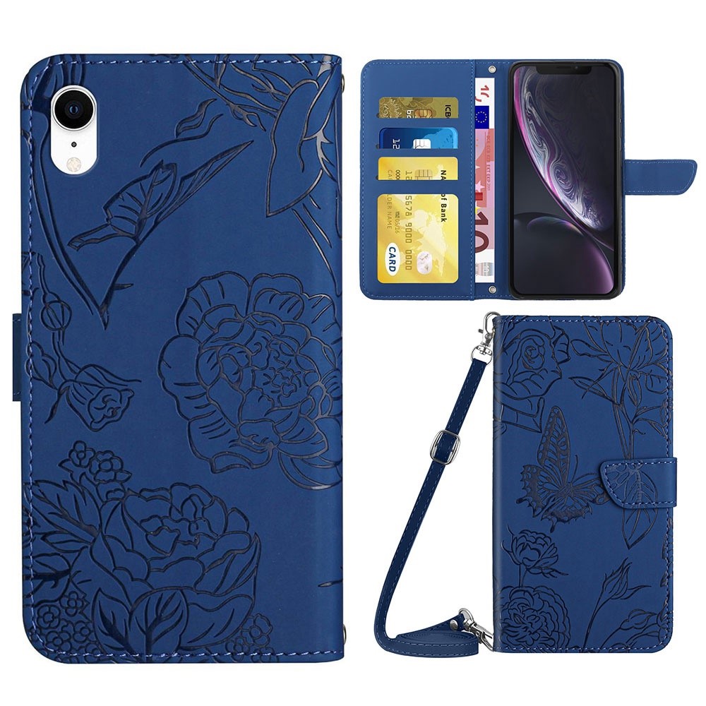 For iPhone XR 6.1 inch Stand Phone Case PU Leather Imprinting Butterflies Flower Pattern Wallet Shell with Shoulder Strap - Blue
