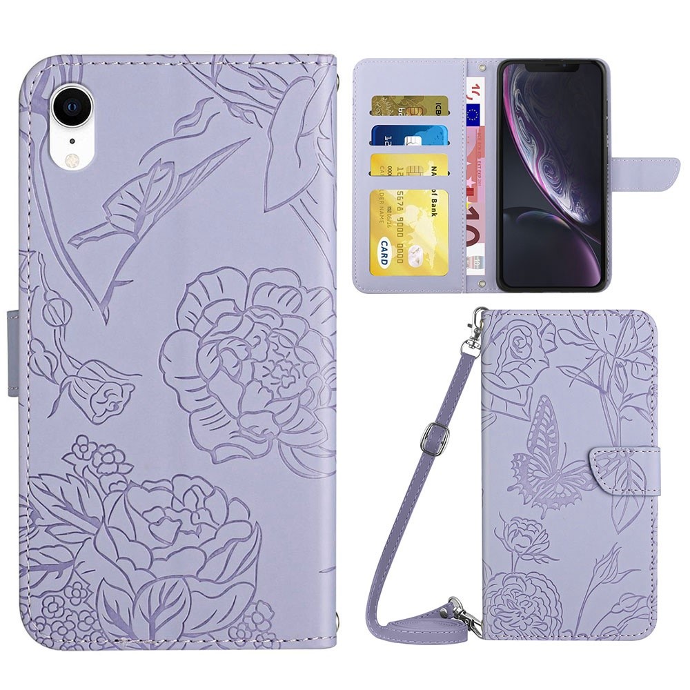 For iPhone XR 6.1 inch Stand Phone Case PU Leather Imprinting Butterflies Flower Pattern Wallet Shell with Shoulder Strap - Light Purple