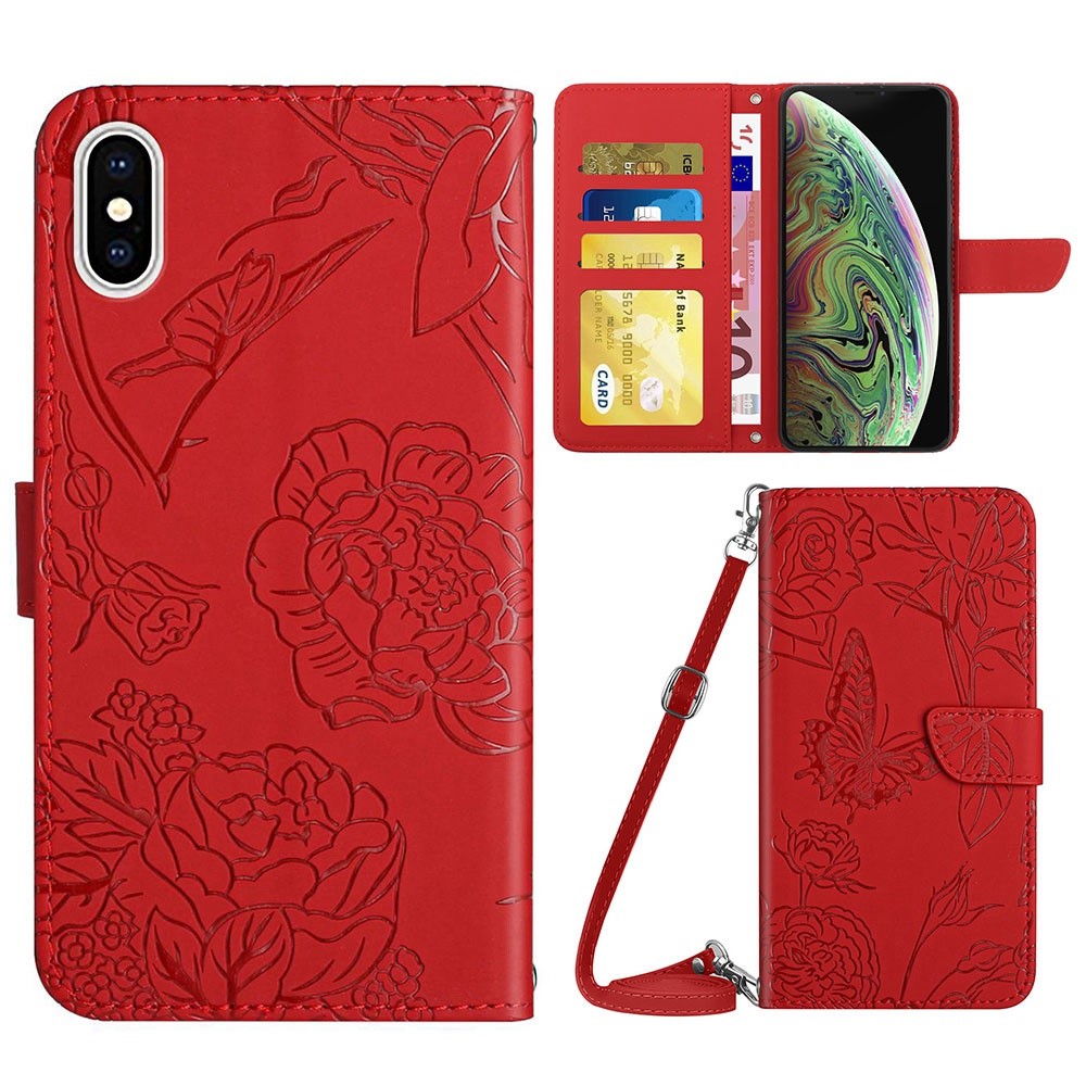 For iPhone XS Max 6.5 inch Skin-touch Leather Cover Imprinting Butterflies Flower Pattern Wallet Stand Phone Case with Shoulder Strap - Red