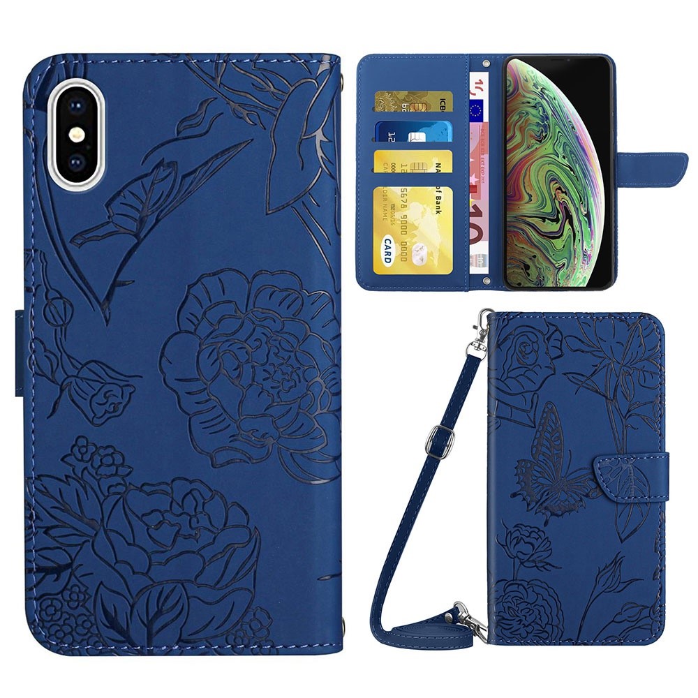 For iPhone XS Max 6.5 inch Skin-touch Leather Cover Imprinting Butterflies Flower Pattern Wallet Stand Phone Case with Shoulder Strap - Blue
