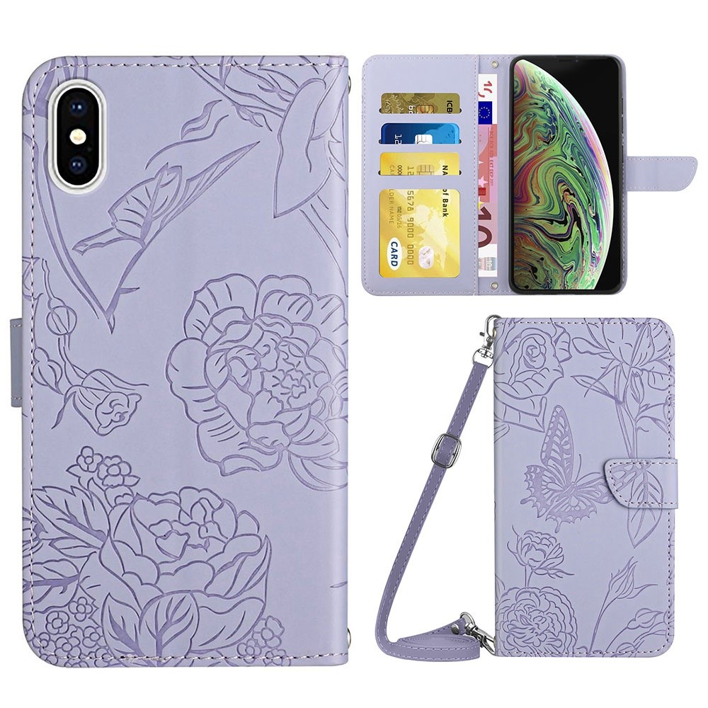 For iPhone XS Max 6.5 inch Skin-touch Leather Cover Imprinting Butterflies Flower Pattern Wallet Stand Phone Case with Shoulder Strap - Light Purple