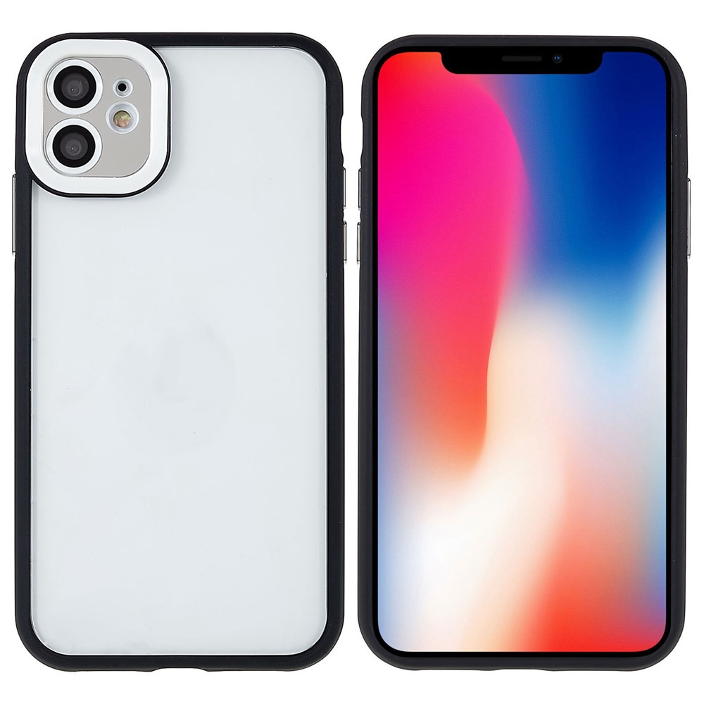 For iPhone 11 6.1 inch Scratch-resistant Glossy Surface Metal Buttons TPU+PC Hybrid Case Phone Cover with Glass Lens Film - Black-1