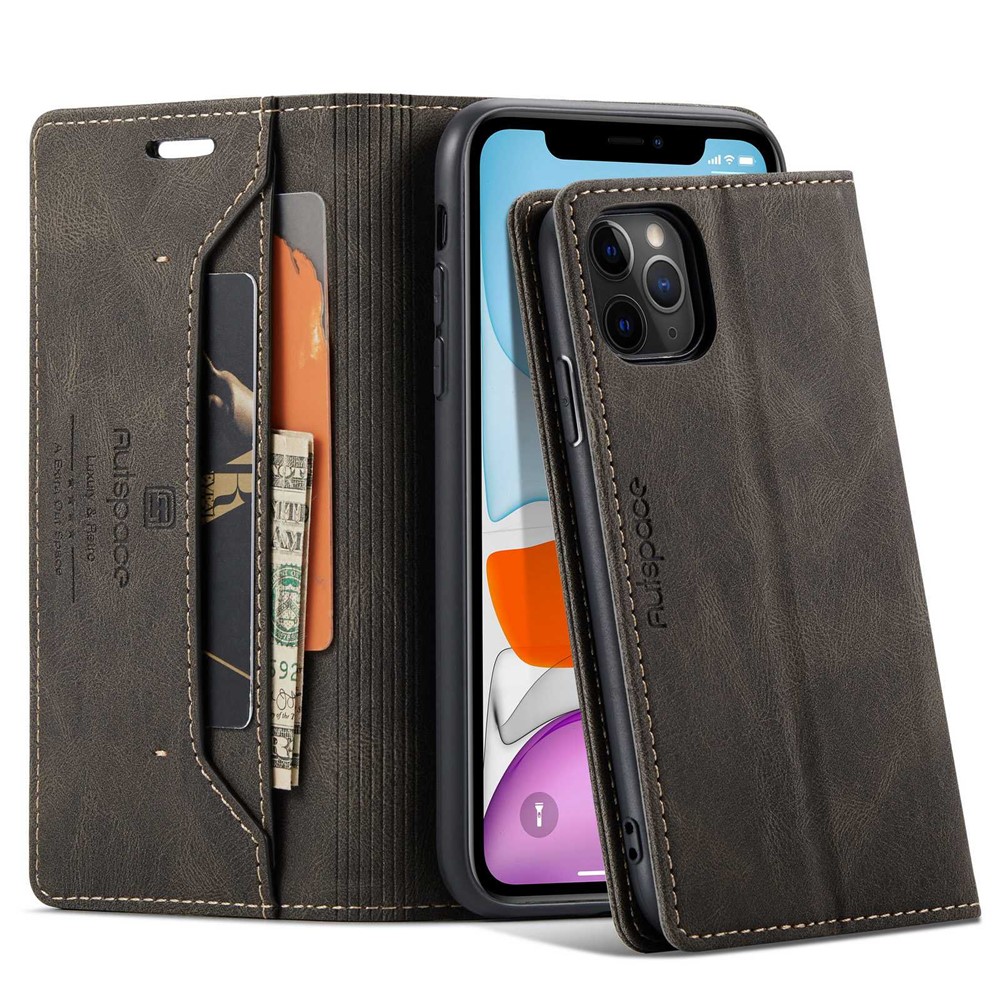 AUTSPACE A01 Series for iPhone 11 Pro Max 6.5 inch PU Leather Case RFID Blocking Wallet Stand Flip Cover - Coffee