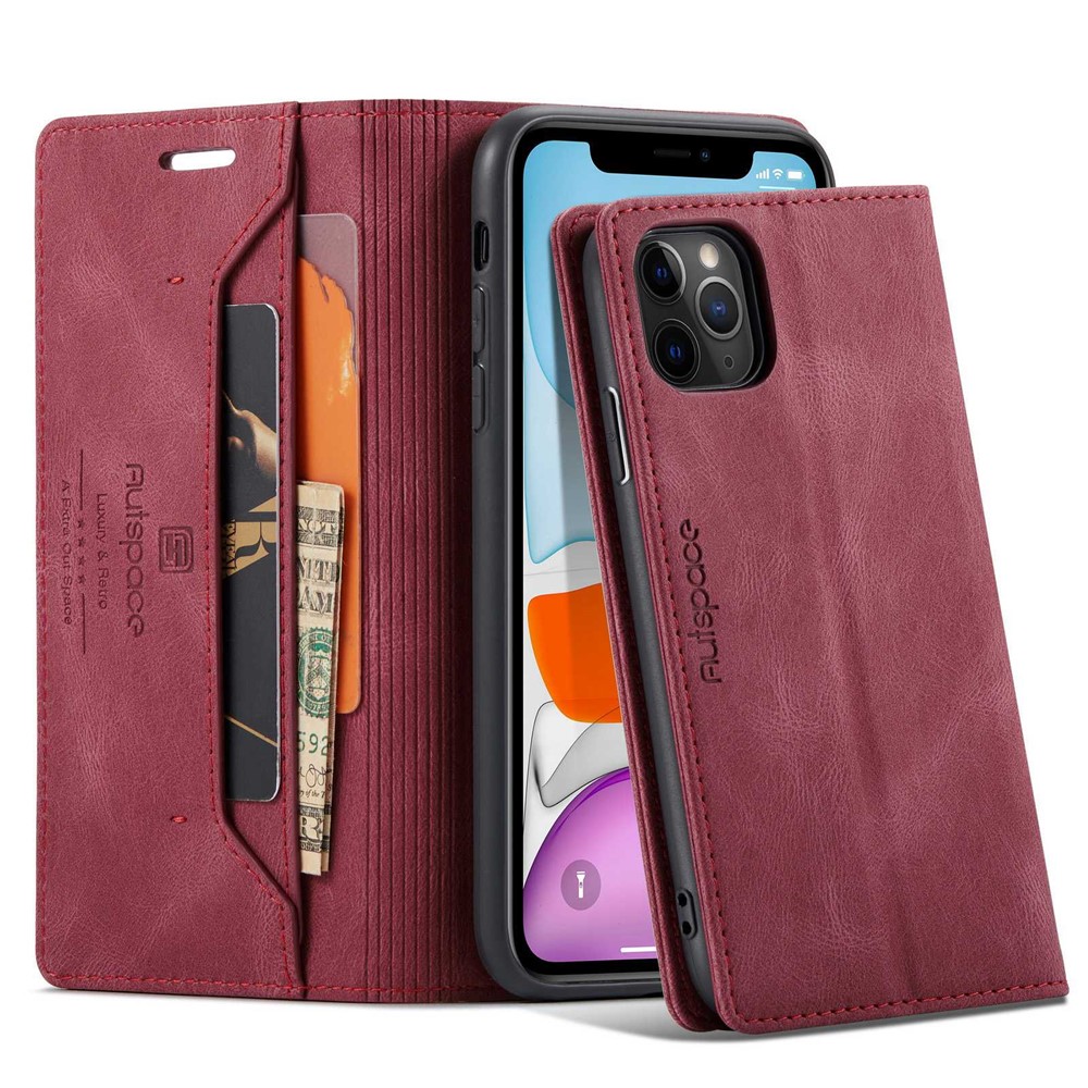 AUTSPACE A01 Series for iPhone 11 Pro Max 6.5 inch PU Leather Case RFID Blocking Wallet Stand Flip Cover - Red