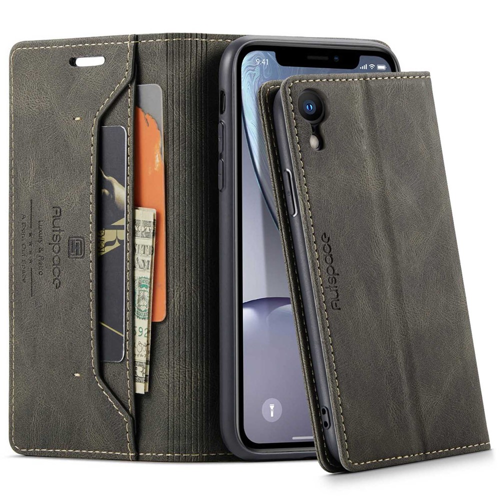 AUTSPACE A01 Series for iPhone XR 6.1 inch PU Leather Case RFID Blocking Wallet Stand Flip Cover - Coffee