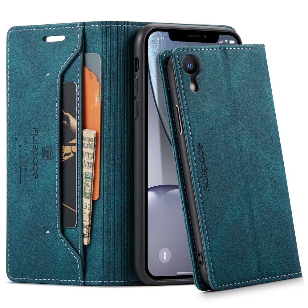 AUTSPACE A01 Series for iPhone XR 6.1 inch PU Leather Case RFID Blocking Wallet Stand Flip Cover - Blue