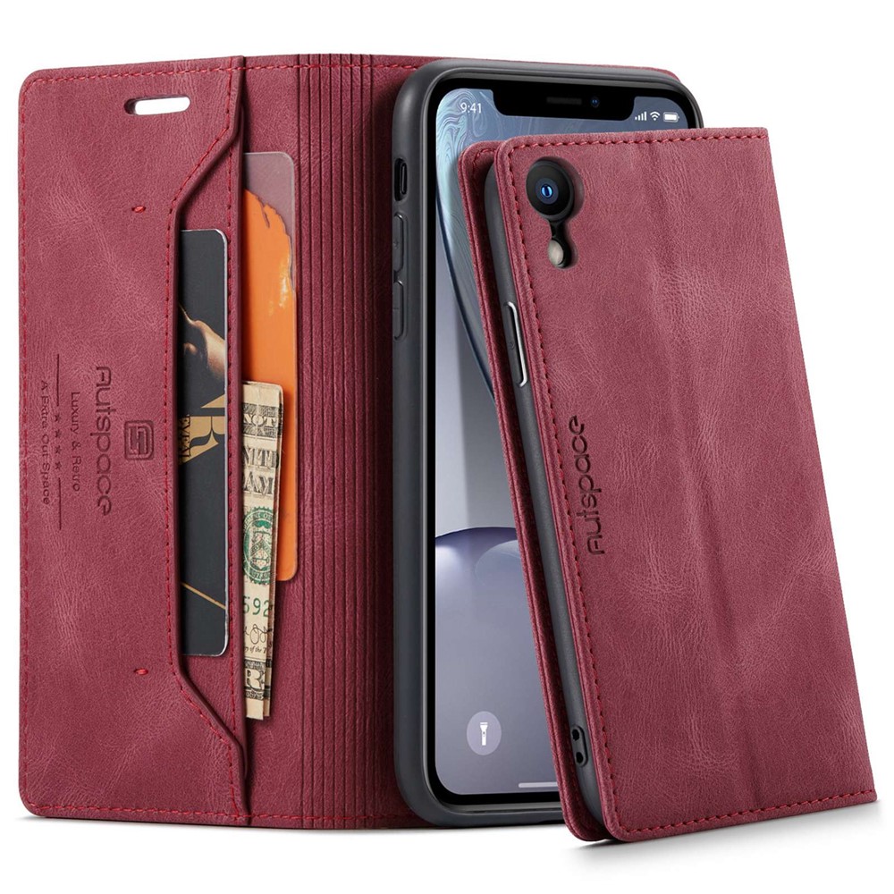 AUTSPACE A01 Series for iPhone XR 6.1 inch PU Leather Case RFID Blocking Wallet Stand Flip Cover - Red