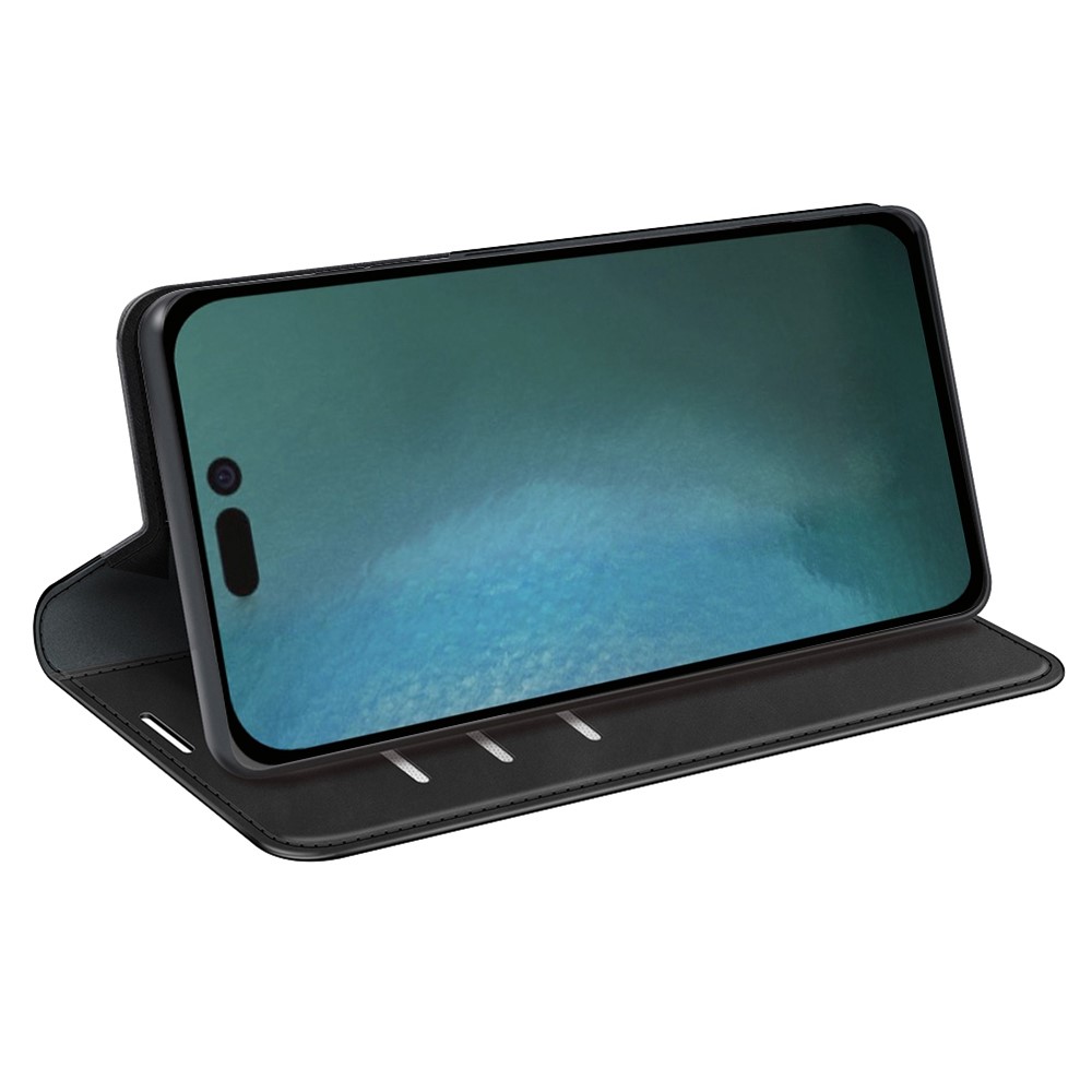 For iPhone 14 Pro 6.1 inch Soft Skin Feeling Leather Folio Book Flip Cover Horizontal Viewing Stand Magnetic Absorption Phone Case - Black-2