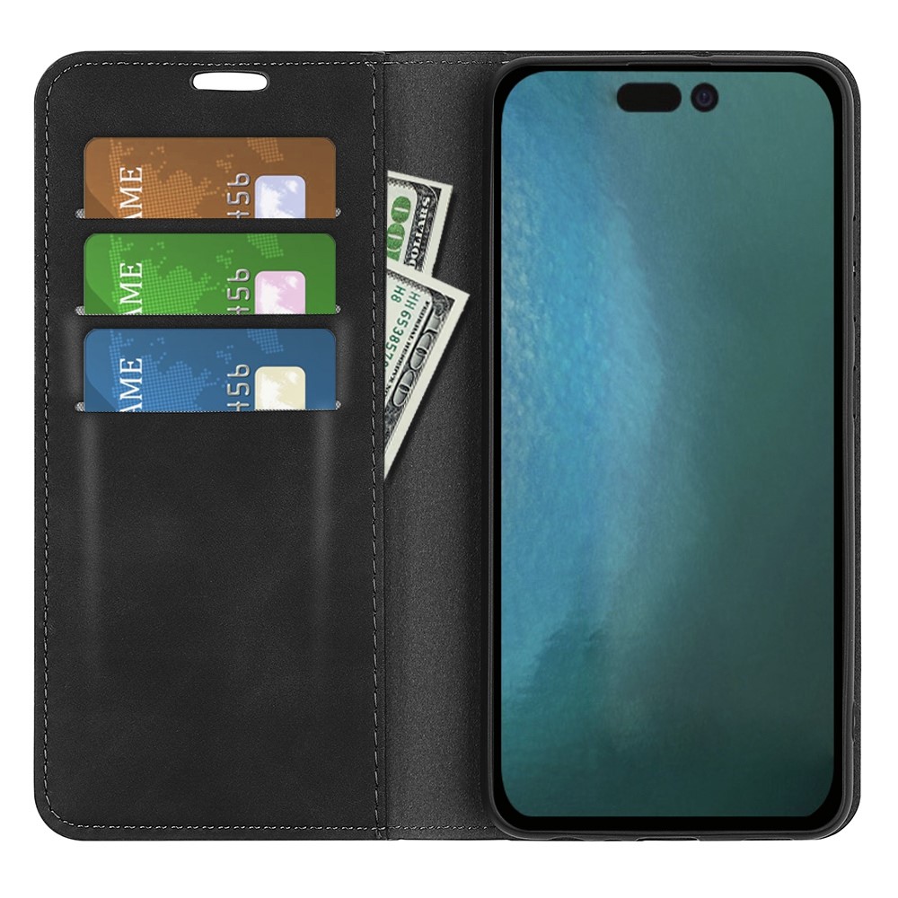 For iPhone 14 Pro 6.1 inch Soft Skin Feeling Leather Folio Book Flip Cover Horizontal Viewing Stand Magnetic Absorption Phone Case - Black-3