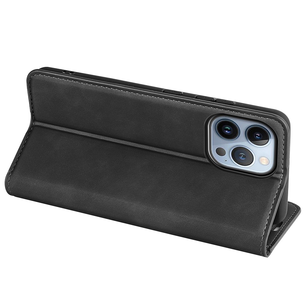 For iPhone 14 Pro 6.1 inch Soft Skin Feeling Leather Folio Book Flip Cover Horizontal Viewing Stand Magnetic Absorption Phone Case - Black-5