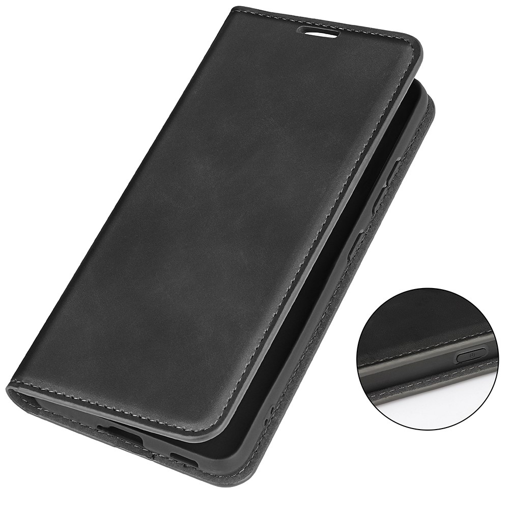 For iPhone 14 Pro 6.1 inch Soft Skin Feeling Leather Folio Book Flip Cover Horizontal Viewing Stand Magnetic Absorption Phone Case - Black-7
