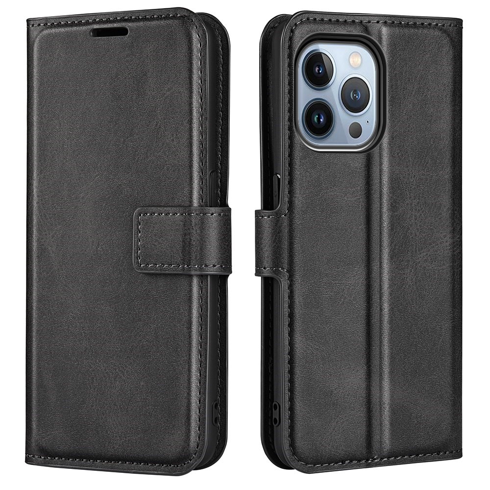 For iPhone 14 Pro 6.1 inch Anti-fall Textured PU Leather Phone Case Magnetic Closing Phone Protector with Wallet Stand - Black-1