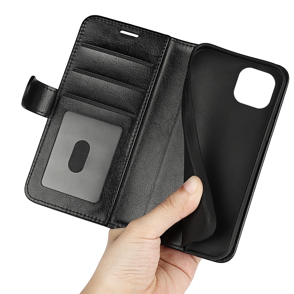 For iPhone 14 6.1 inch Well-protected Crazy Horse Texture Leather Folio Case Stand Magnetic Wallet Flip Anti-fall Cover - Black-4