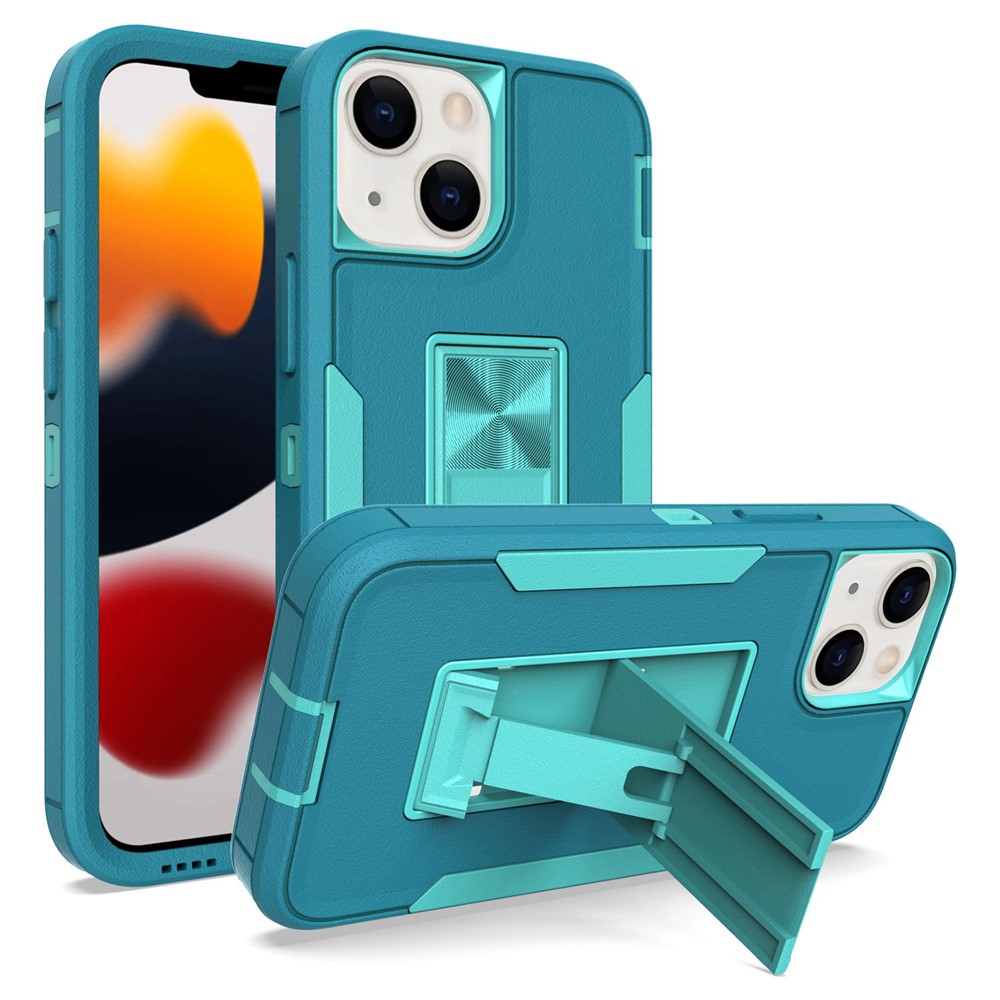 For iPhone 13 mini 5.4 inch Back Shell, Bump Proof PC + TPU Hybrid Phone Cover with Integrated Kickstand Car Mount Metal Sheet Case - Lake Blue/Blue-green
