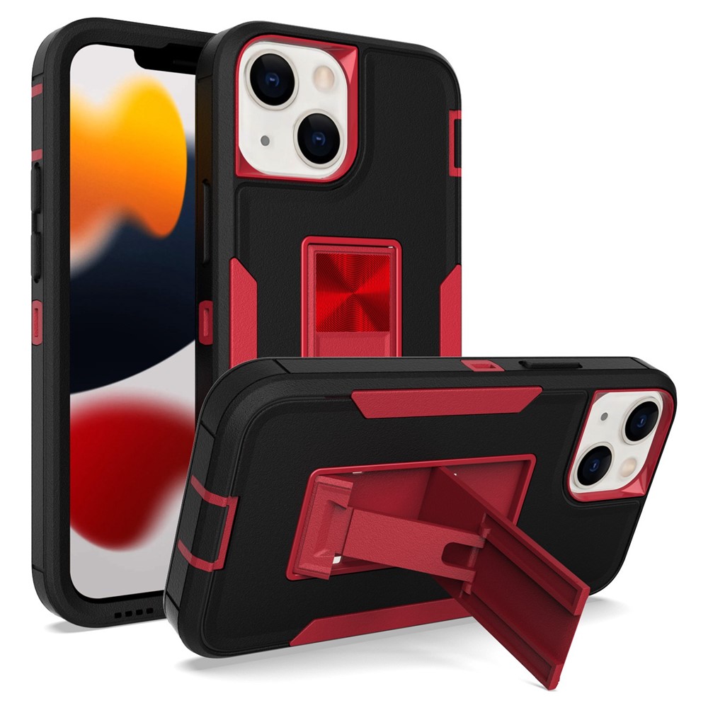 For iPhone 13 mini 5.4 inch Back Shell, Bump Proof PC + TPU Hybrid Phone Cover with Integrated Kickstand Car Mount Metal Sheet Case - Black/Wine Red