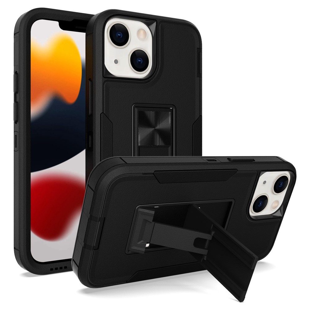 For iPhone 13 mini 5.4 inch Back Shell, Bump Proof PC + TPU Hybrid Phone Cover with Integrated Kickstand Car Mount Metal Sheet Case - All Black
