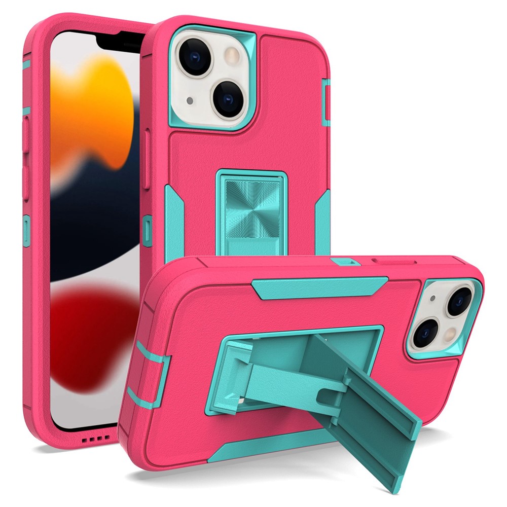 For iPhone 13 mini 5.4 inch Back Shell, Bump Proof PC + TPU Hybrid Phone Cover with Integrated Kickstand Car Mount Metal Sheet Case - Rose/Blue-green