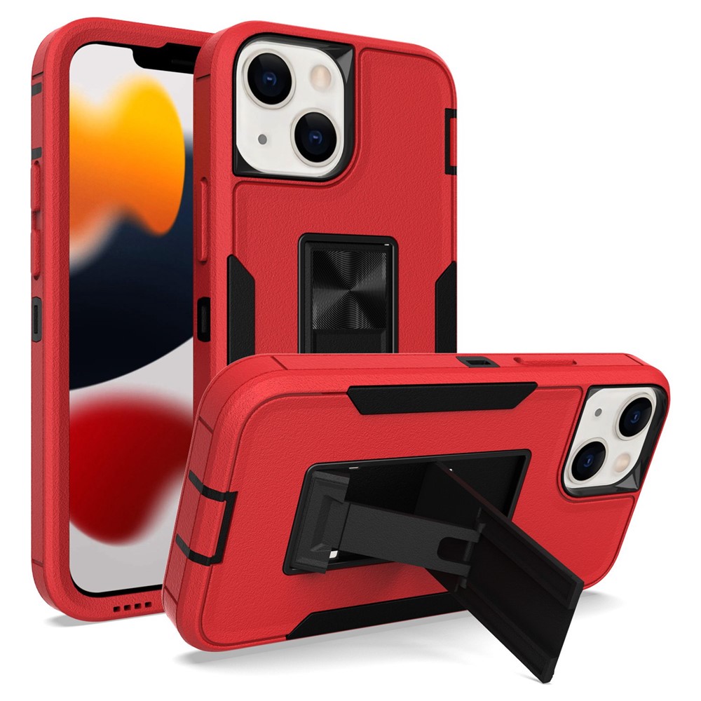 For iPhone 13 mini 5.4 inch Back Shell, Bump Proof PC + TPU Hybrid Phone Cover with Integrated Kickstand Car Mount Metal Sheet Case - Red/Black
