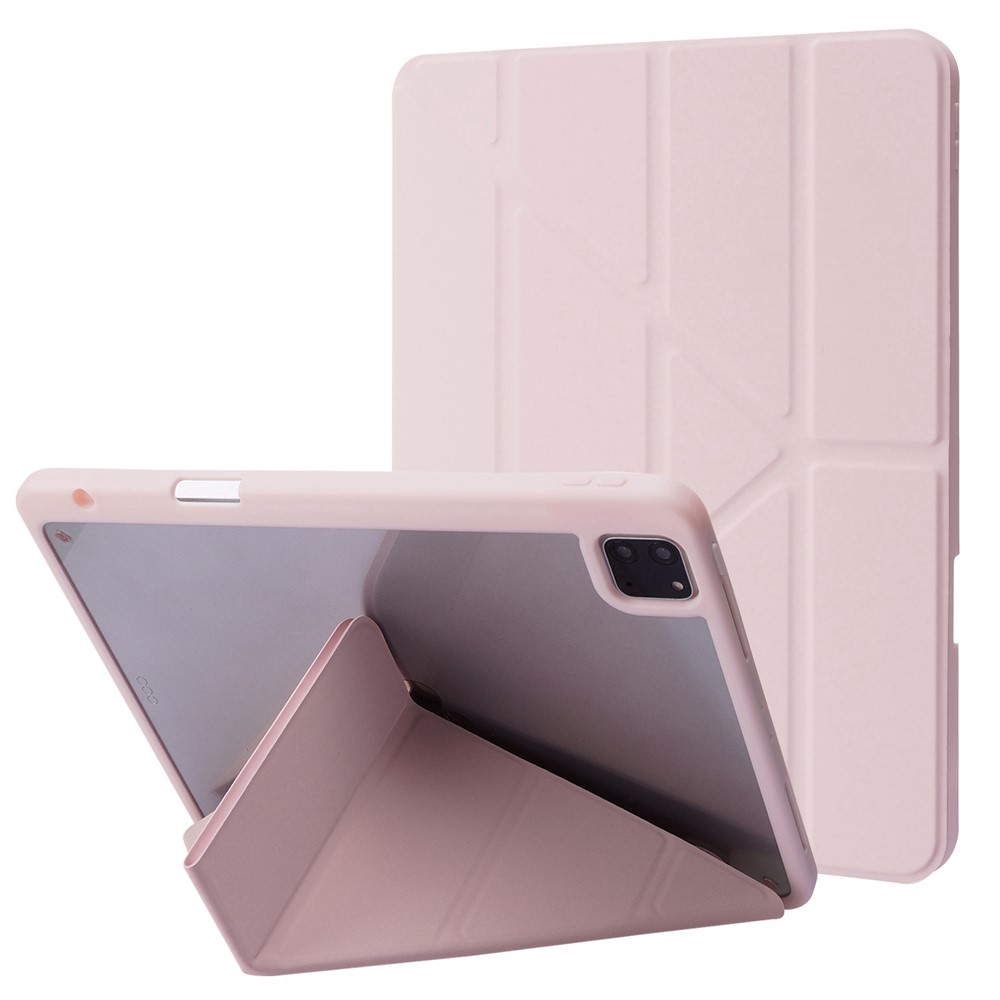 For iPad Pro 12.9 (2022) / (2021) / (2020) / (2018) Tablet Case Auto Wake / Sleep Origami Stand PU Leather + Acrylic Cover - Pink