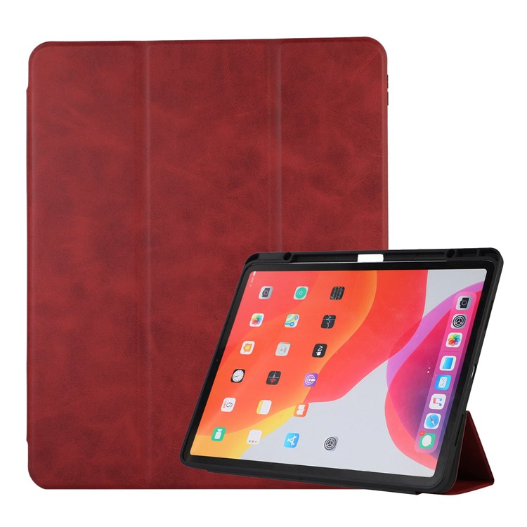 For iPad Pro 12.9-inch (2021)/(2020)/(2018) Trifold Stand Texture PU Leather Case Auto Sleep/Wake Smart Cover with Pen Holder - Red-1