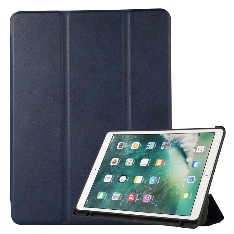 For iPad mini (2021) Texture PU Leather Trifold Stand Cover Full Body Protection Auto Wake/Sleep Smart Case Shell with Pencil Holder - Dark Blue-1