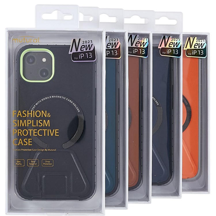 MUTURAL Simplism Series for iPhone 13 6.1 inch Kickstand Phone Case PU Leather Coated PC + TPU Shockproof Non-Slip Grip Protective Cover - Black-11