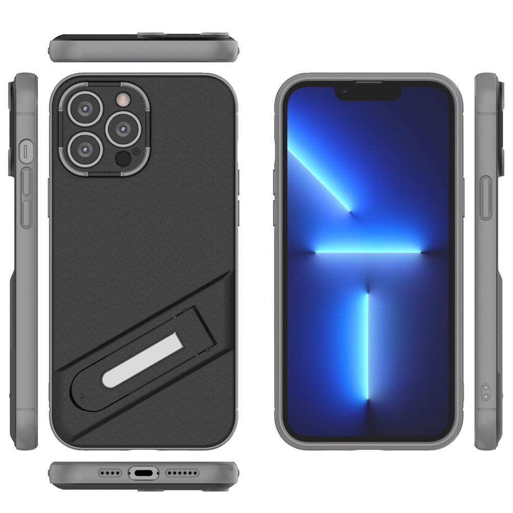 For iPhone 13 Pro Max 6.7 inch Built-in Kickstand PC+TPU Phone Case Anti-fall Wear-resistant Mobile Phone Cover - Black-9