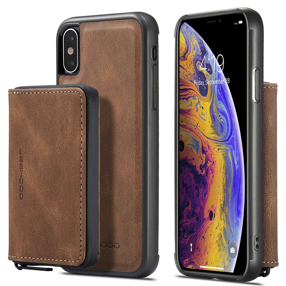JEEHOOD For iPhone XS Max 6.5 inch Detachable Zipper Wallet Magnetic Absorption Cover Anti-drop Anti-scratch Leather Coated TPU Phone Case with Kickstand - Brown