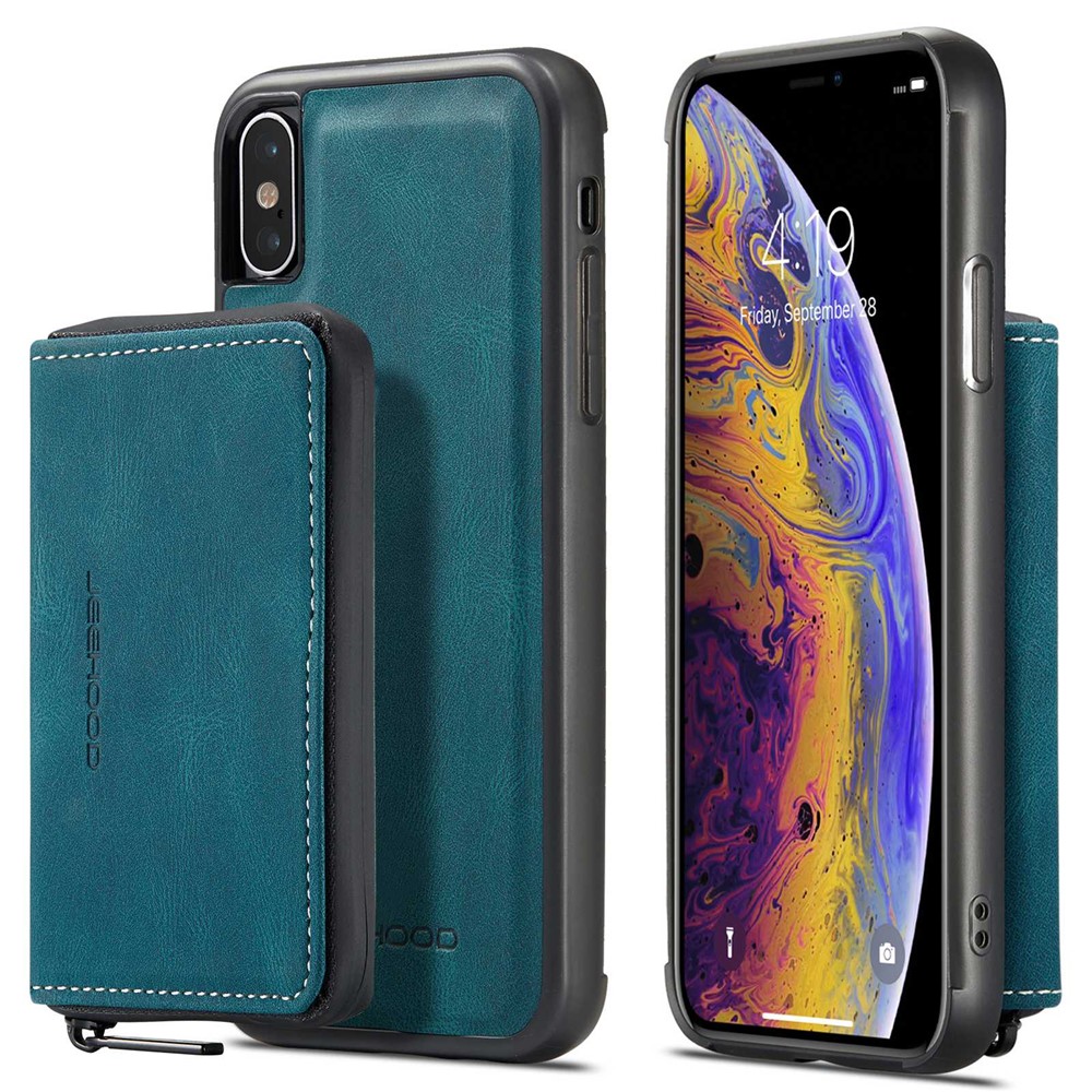 JEEHOOD For iPhone XS Max 6.5 inch Detachable Zipper Wallet Magnetic Absorption Cover Anti-drop Anti-scratch Leather Coated TPU Phone Case with Kickstand - Blue