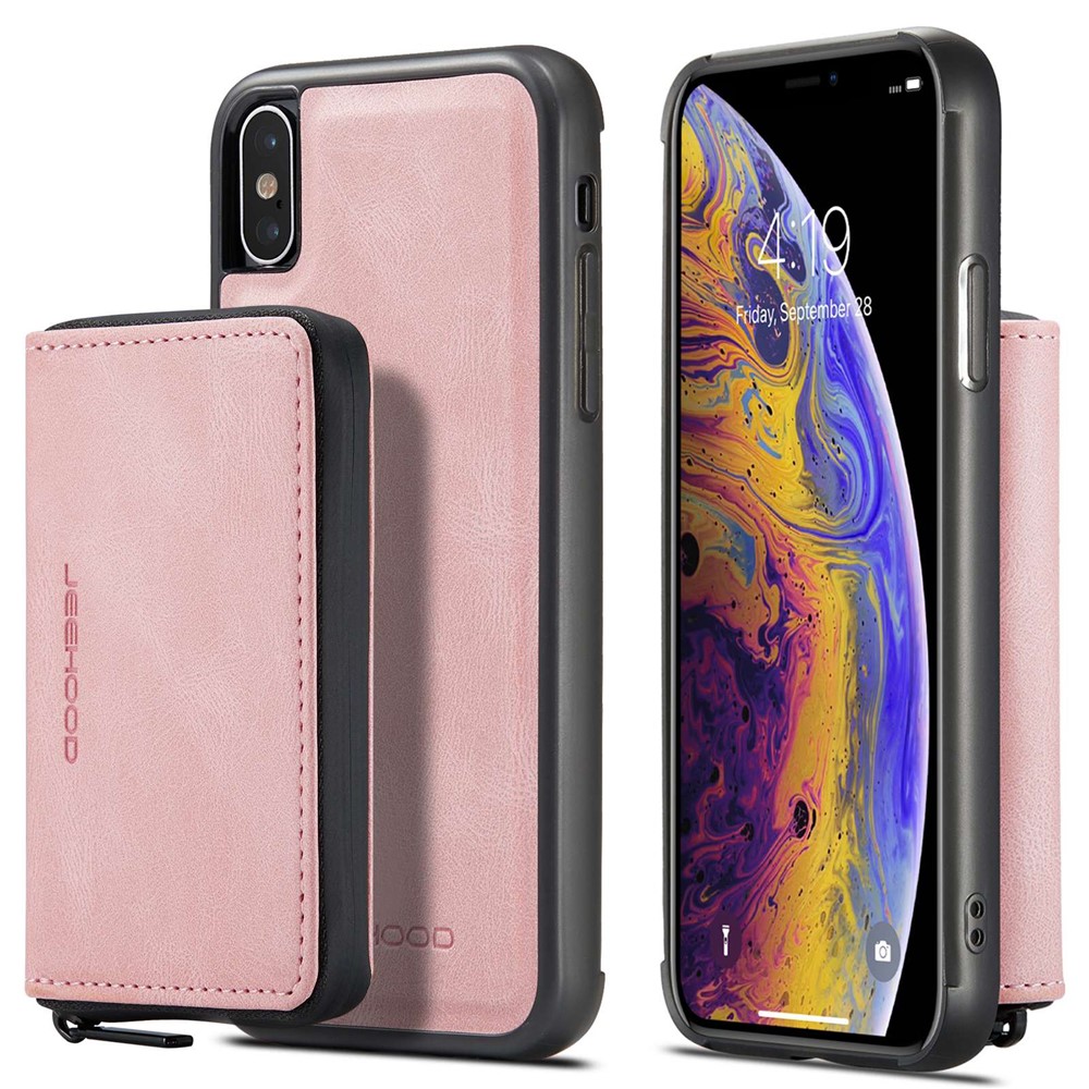 JEEHOOD For iPhone XS Max 6.5 inch Detachable Zipper Wallet Magnetic Absorption Cover Anti-drop Anti-scratch Leather Coated TPU Phone Case with Kickstand - Pink