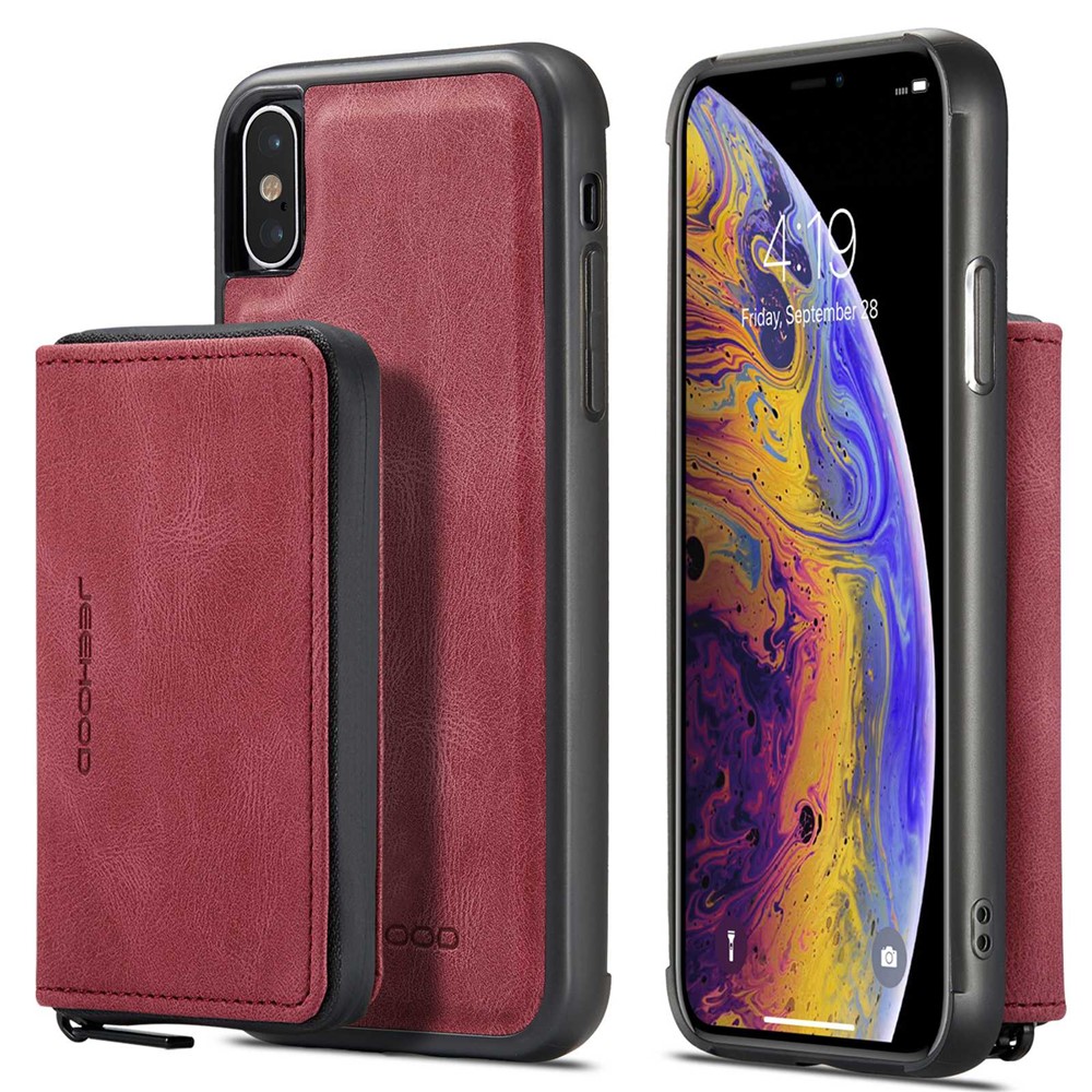 JEEHOOD For iPhone XS Max 6.5 inch Detachable Zipper Wallet Magnetic Absorption Cover Anti-drop Anti-scratch Leather Coated TPU Phone Case with Kickstand - Red