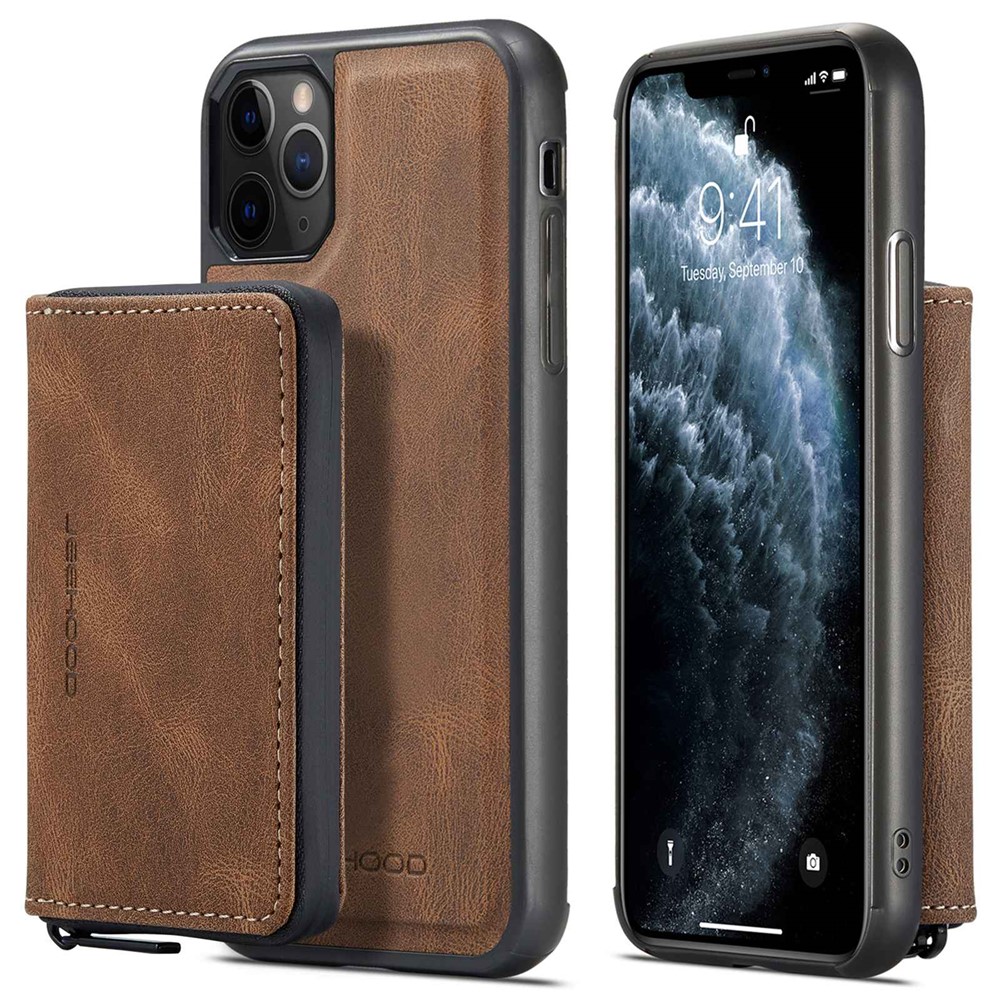 JEEHOOD For iPhone 11 Pro Max 6.5 inch Wear-resistant Magnetic Absorption Detachable Zipper Wallet Style Cover Leather Coated TPU Protective Phone Case with Kickstand - Brown