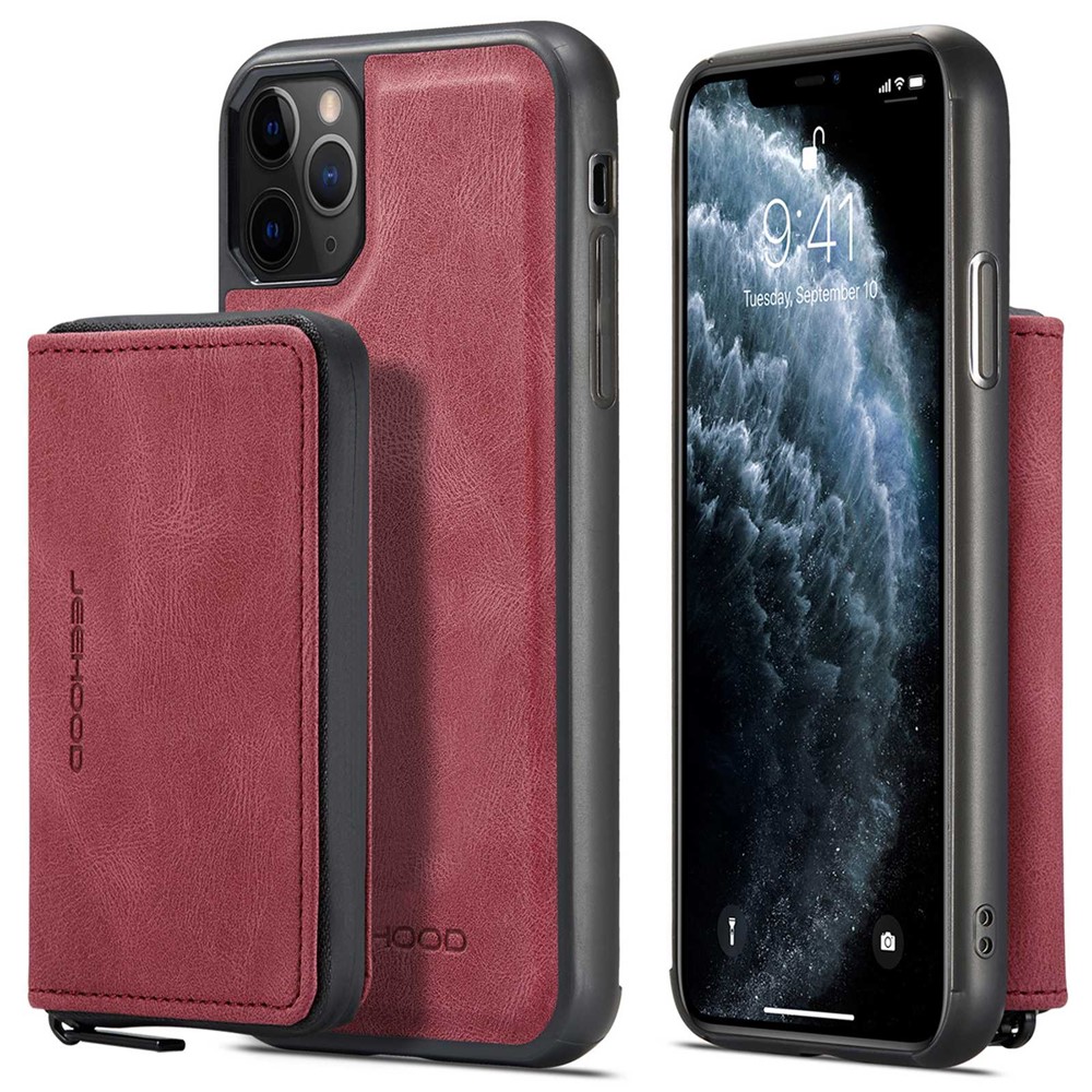 JEEHOOD For iPhone 11 Pro Max 6.5 inch Wear-resistant Magnetic Absorption Detachable Zipper Wallet Style Cover Leather Coated TPU Protective Phone Case with Kickstand - Red