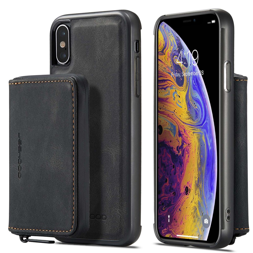 JEEHOOD For iPhone X/XS 5.8 inch Kickstand Design Detachable Magnetic Zipper Wallet Shell Leather Coated TPU Mobile Phone Case - Black